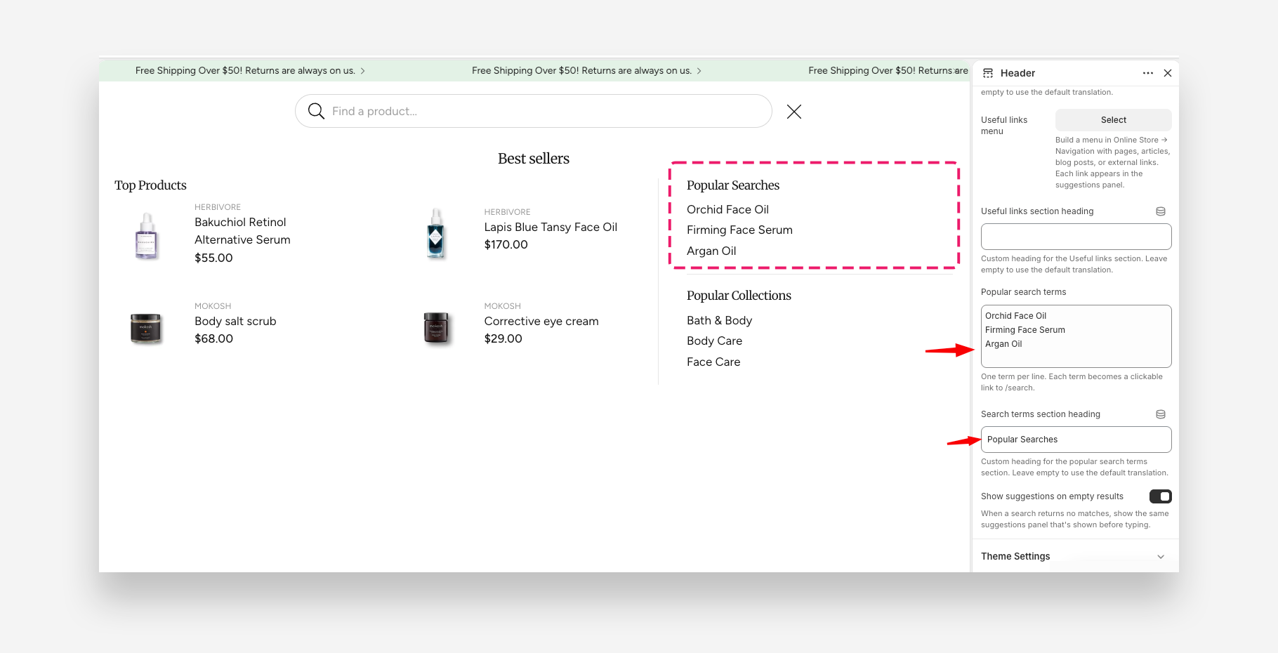 Header search results
