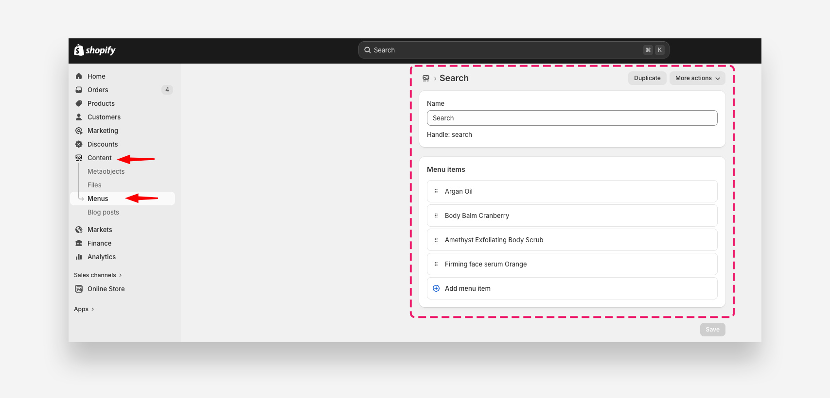 Header search menu