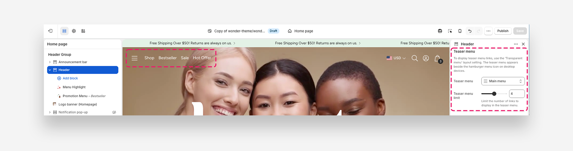 Header teaser menu
