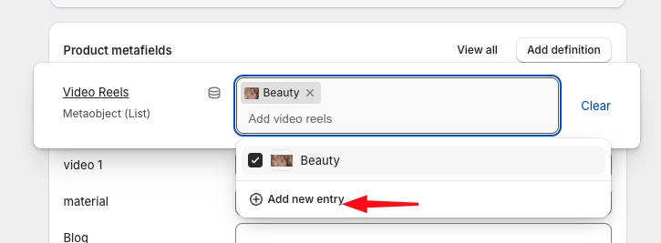 Selecting video reel entries on a product
