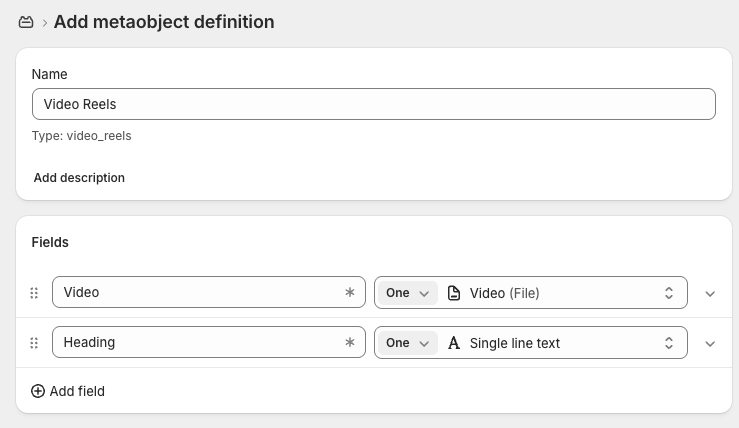 Video Reels metaobject definition